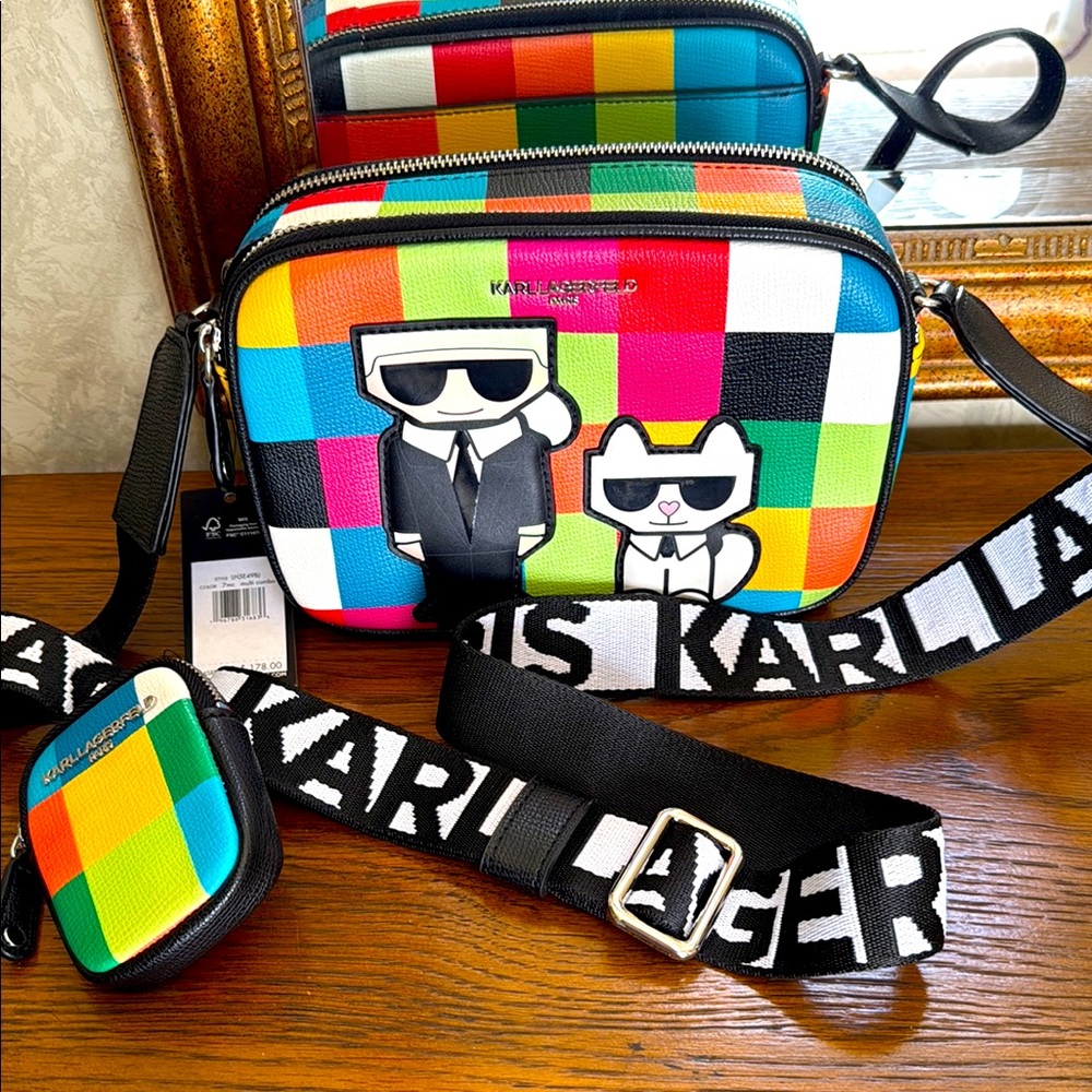 - New Karl Lagerfeld Colorful Crossbody Bag.  Black and white crossbody st…